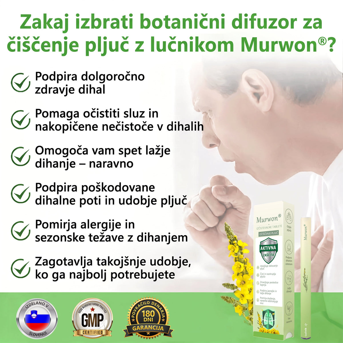 Vrhunski slovenski izdelek z domačo dostavo 🥇 Murwon® zeliščni parni inhalator za čiščenje pljuč 🍑 (👨‍⚕️ Učinkovita pomoč pri kašlju, vnetju grla, težkem dihanju, nastajanju sluzi, zamašenem nosu, bronhitisu, alergijskih simptomih in težavah s pljuči) ❤️