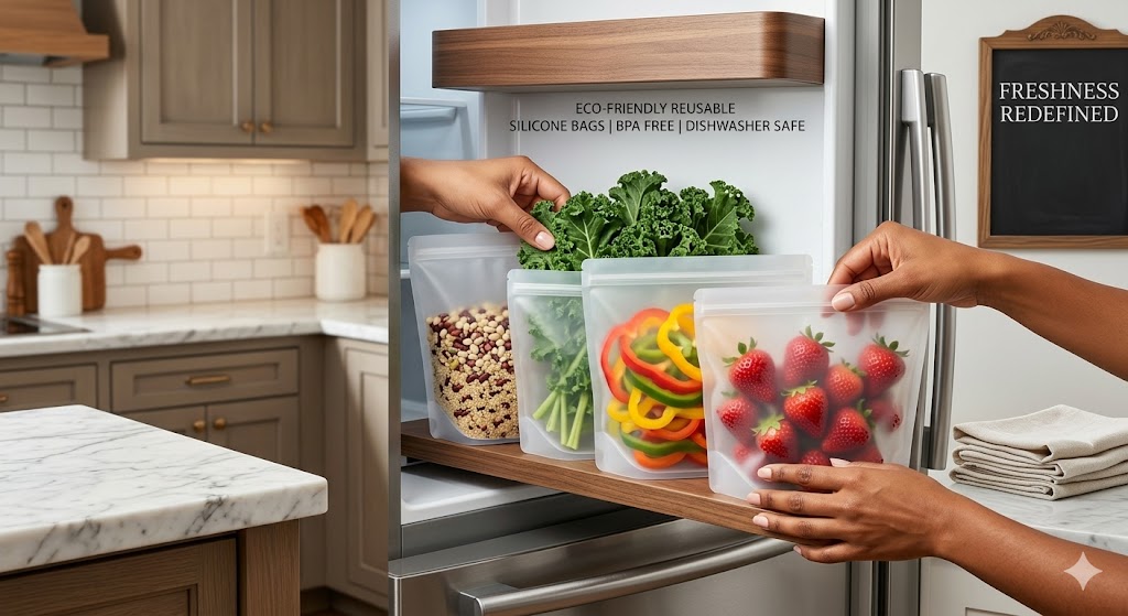 Durable Silicone Food Storage Bags Set – Eco-Friendly Self-Sealing Containers for Kitchen Organization & Fridge Storage