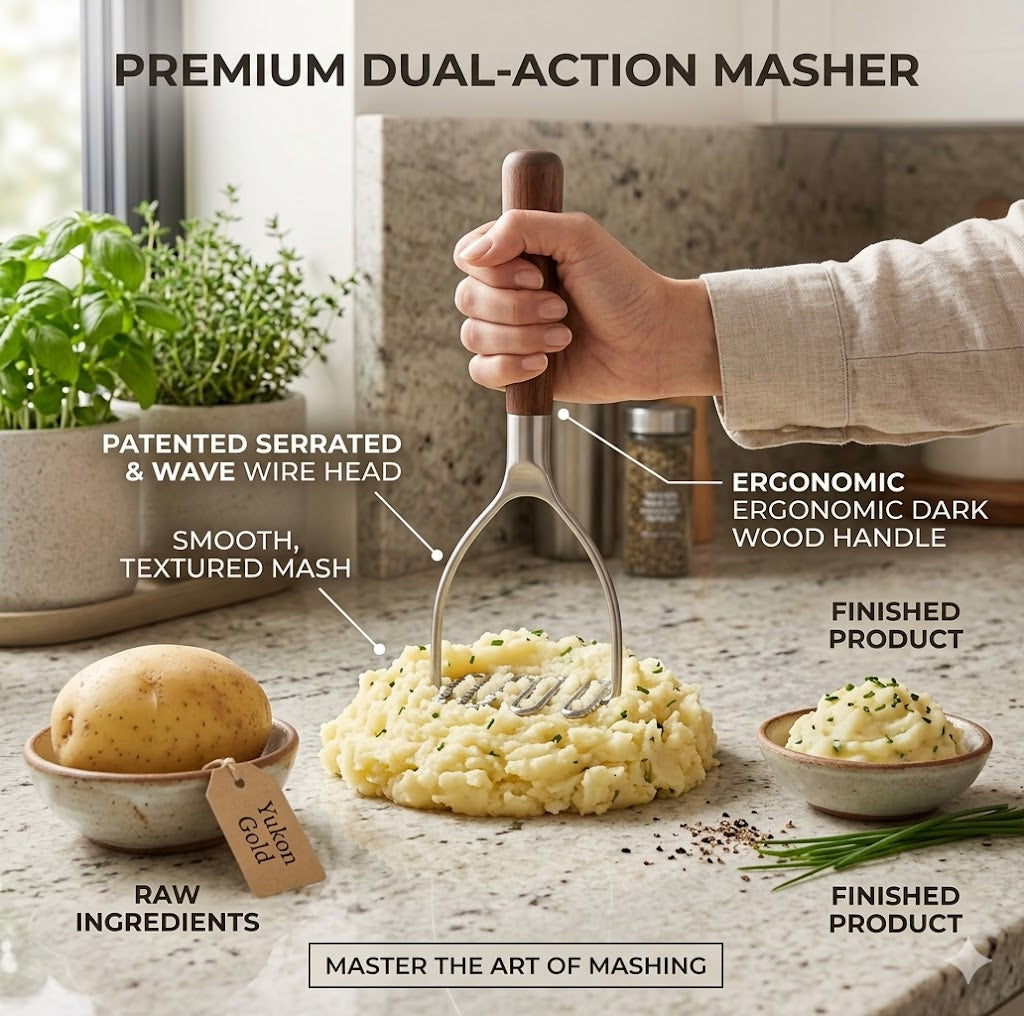 Ergonomic Wavy Potato Masher – Durable Stainless Steel Masher for Vegetables, Pumpkin & Fruit Purees