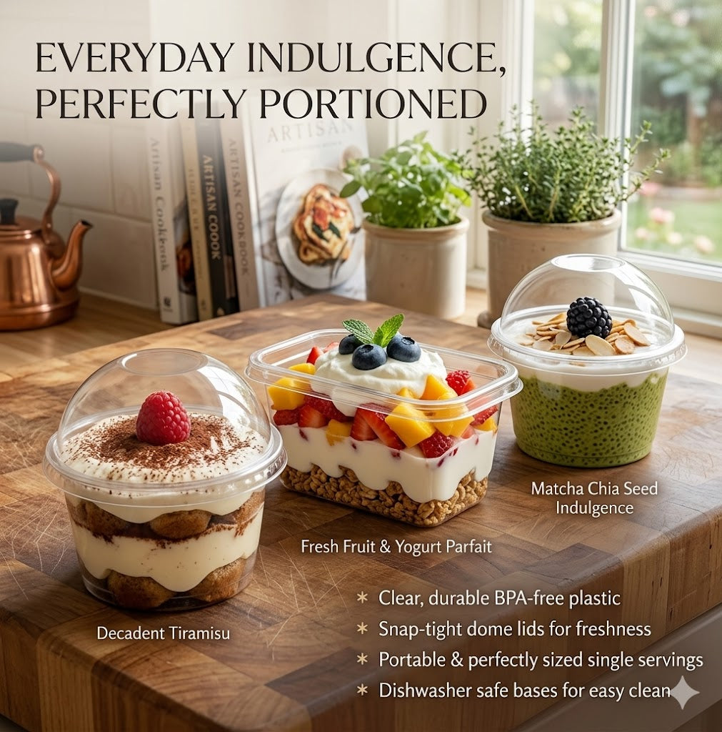 Reusable Round Pudding Cups with Spoons – 52/102 Piece Durable PET Dessert Cups for Mousse, Yogurt & Party Treats