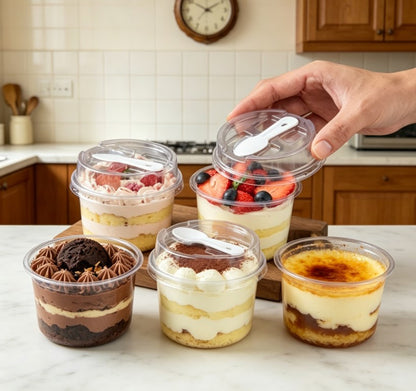 Reusable Round Pudding Cups with Spoons – 52/102 Piece Durable PET Dessert Cups for Mousse, Yogurt & Party Treats