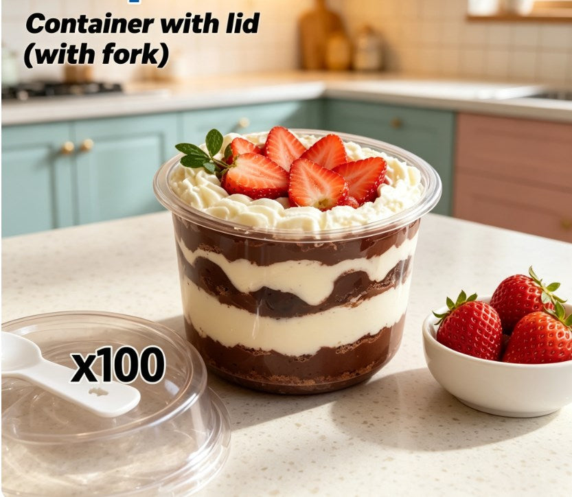 Reusable Round Pudding Cups with Spoons – 52/102 Piece Durable PET Dessert Cups for Mousse, Yogurt & Party Treats